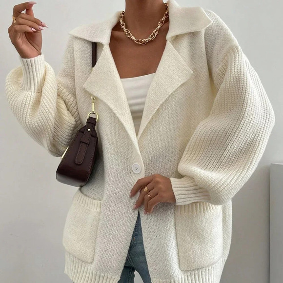 Apricot Casual Women's Lapel Neck Dual Pocket Drop Shoulder Cardigan - Picture 1 of 7